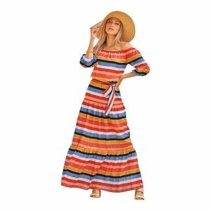 NWT! Boston Proper Cotton Striped Tie-Waist Off the Shoulder Maxi Dress. Size XS